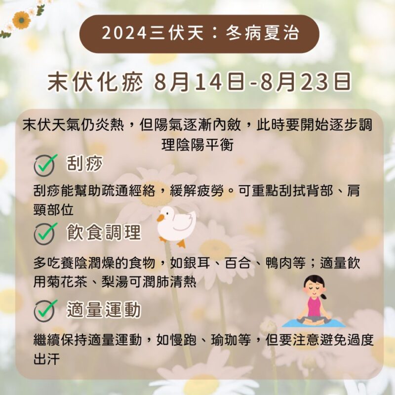 末伏天氣仍炎熱，但陽氣逐漸內斂，此時要開始逐步調理陰陽平衡